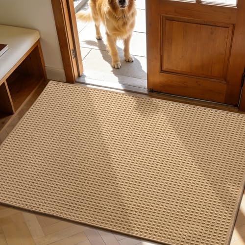 YIHOUSE Indoor Door Mat 32" x 47", Non-Slip Washable Entryway Mat, Dirt Trapper Absorbent Entrance Mat, Low Profile Floor Mat for Front/Back Door, Entryway, Khaki - color: Khaki, size: 32"x47" (Rectangular)