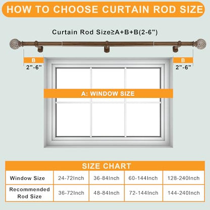 1-1/8 Inch Diameter Wood Curtain Rods for Windows 36 to 72 inch - Adjustable Seamless Aluminum Bracket - Heavy-Duty Boho Curtain Rods with Seaweed Finial - Dark Brown Wood Grain - color: Dark Brown Wood Grain, size: 36-72"