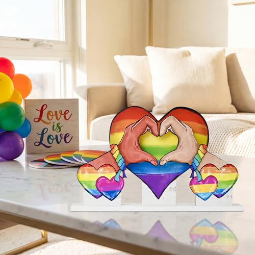 Smile Pride Month Wooden Tabletop Decor Rainbow Heart & Hand-Heart Desktop Plaques with Stands LGBTQ+ Indoor Home & Office Decor Gay Pride Gift Idea - style: Rainbow Heart