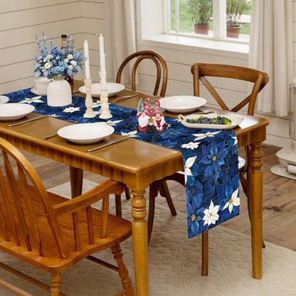 Christmas Navy Blue Poinsettia Table Runner Burlap 13x90 Inch - color: Blue Poinsettia, size: 13" x 90", Table Runner
