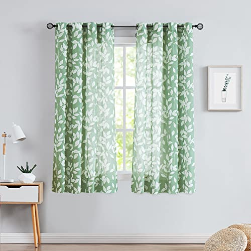 White Green Linen Curtains 63" Leaf Print Semi Sheer Panels Privacy Drapes - color: Green, size: 52"W x 63"L (Pack of 2)