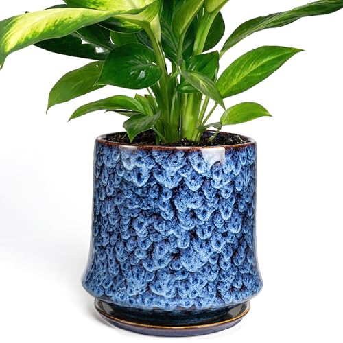 11 Inch Ceramic Planter Pot with Saucer Drainage Leak-Proof Mesh,Flower Pots for Lavender with Gardening Gloves,Ceramic Planter for Orchid(Peacock-Blue) - color: Peacock-blue, size: 11 Inch