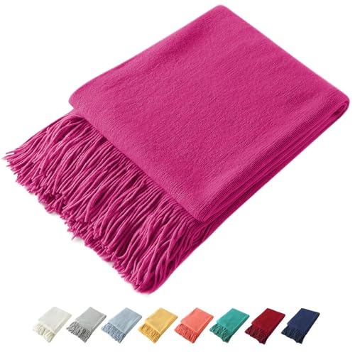Homiest Dark Pink Knitted Throw Blanket with Fringe, 50x60 Inch - color: Fuschia, size: 50" x 60"