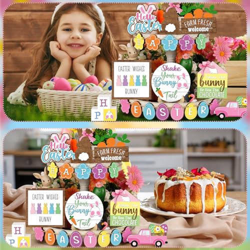 Marsui Easter Tiered Tray Decor Happy Easter Tiered Tray Ornament Rustic Farmhouse Spring Sign Bunny Truck Gnome Egg Wooden Sign for Home Table Decor(Chic Style) - style: Chic Style