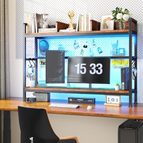 REIBII 2-Tier Desk Shelf, LED, Bedroom and Home Office, Rustic Brown - color: Rustic Brown, size: 7.8"D x 45.2"W x 38.7"H