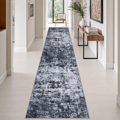 2.6x14 Washable Runner Rug:Modern Abstract Indoor Carpet Black - color: Black, size: 2'6" x 14' (Rectangular)