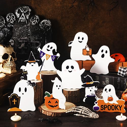 Huwena 9 Pcs Halloween Wooden Ghost Table Decoration Halloween Ghosts Signs