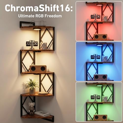 HAAYOT Corner Shelf Wall Mounted: 5-Tier Floating Shelves with Lights for Living Room, Bedroom, Home Office, Rustic Brown