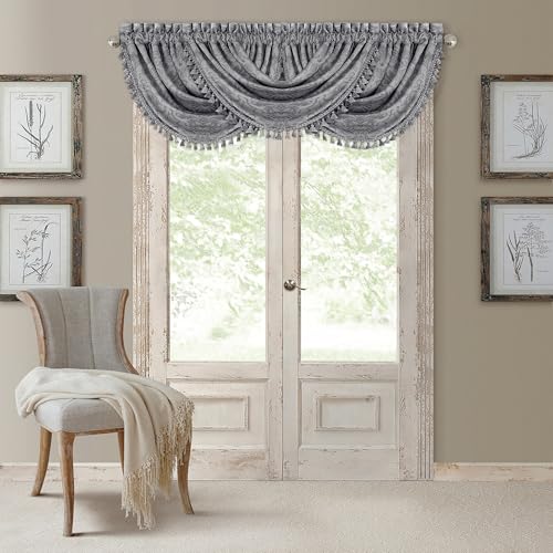 Antonia Waterfall Tassel Window Valance, Silver - 52" W x 36" L - color: Silver
