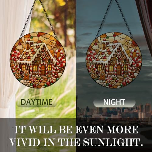 Christmas Winter Suncatcher Stained Glass Window Hanging, Winter Xmas Gingerbread House Sun Catchers Indoor Window Glass Round Wall Decor, Christmas Wall Art Hanging Decorations, 7.8x7.8in - color: House