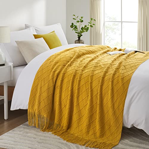 Acrylic Knitted Throw Blanket, 50 x 60 Inches, Mustard Yellow - color: Mustard Yellow