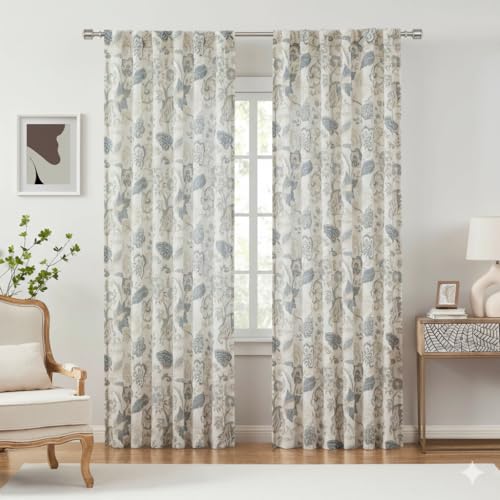 Kayne Studio Blue Grey Jacobean Floral Rod Pocket Semi Sheer Curtains 84" L - color: Blue Grey, size: 52"W x 84"L (Pack of 2)