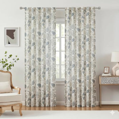 Kayne Studio Blue Grey Jacobean Floral Rod Pocket Semi Sheer Curtains 84" L - color: Blue Grey, size: 52"W x 84"L (Pack of 2)