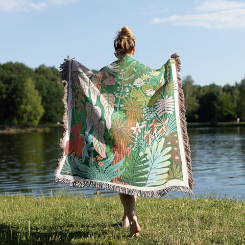JQZ Tropical Botanical Throw Blanket, Woven Tapestry with Fringe, Colorful Jungle Foliage Design, Green Pink Orange