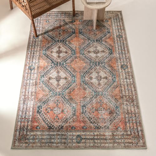 Knot Tangelo 4' x 6' Orange & Blue Accent Rug - Persian-Inspired Design - size: 4' x 6' (Rectangular)