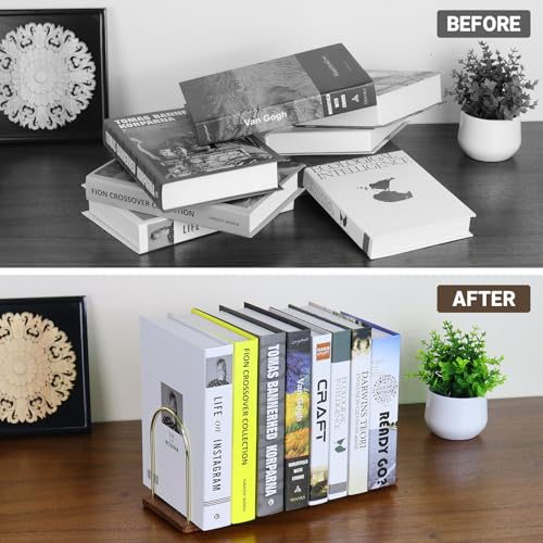Buqoo Book Ends for Shelves, Handmade Walnut Wood Bookends with Metal - color: Walnut Brown