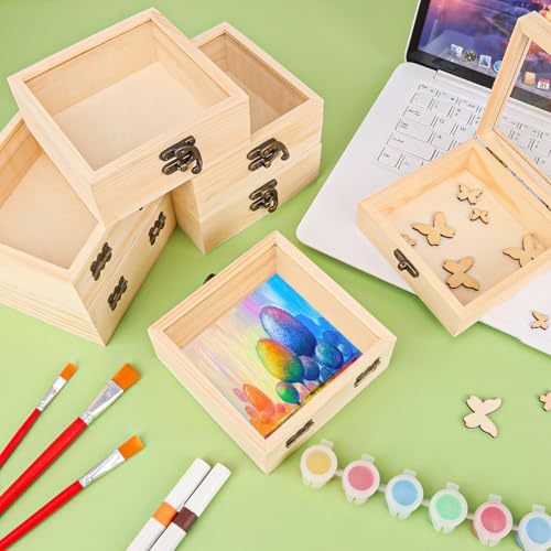 12 Pack Wood Box with Glass Lid, 4.72 x 4.72 x 1.97 inch Wooden Display Box with Hinged Lid for DIY Craft, Collectibles - size: 12 Pack 4.72 x 4.72 x 1.97 inch