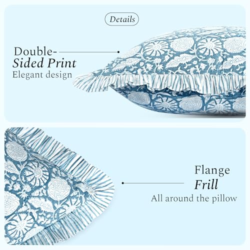 CPC Blue Meadow Block Print Ruffle Pillow Cover 18x18 Inch, Pack of 2 - color: Blue Meadow, size: 18" x 18" (Pack of 2)
