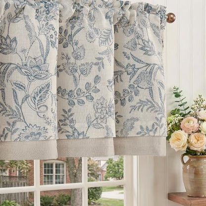 jinchan Linen Valance Curtain Farmhouse 16 Inch 1 Panel Blue on Beige - color: Forest | Blue, size: 50"W x 16"L (Pack of 1)