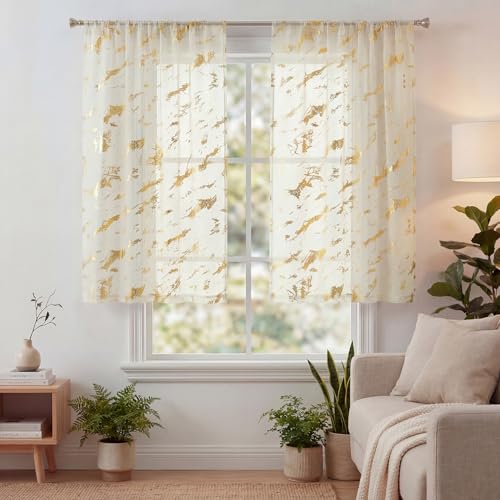 Horaldaily 2Pcs Beige Tier Curtains for Window 52x36in, Gold Sequin Marble - color: Beige and Gold, size: 52"W x 36"L (Pack of 2)