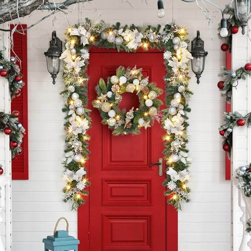 LinTimes 6 FT Pre-Lit Christmas Garland, Silver Lighted Xmas Garland with 20 LED Lights with Timer for Mantle Staircase Table, Winter Garland with Ribbon, Xmas Balls, Snowflake, Battery Operated