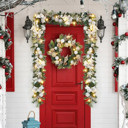 LinTimes 6 FT Pre-Lit Christmas Garland, Silver Lighted Xmas Garland with 20 LED Lights with Timer for Mantle Staircase Table, Winter Garland with Ribbon, Xmas Balls, Snowflake, Battery Operated