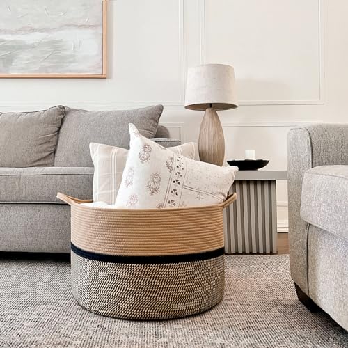 CHICVITA XXL Cotton Rope Woven Blanket Basket with Handles, Brown & Black - color: Brown and Black