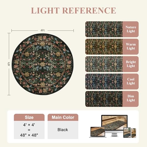 DUKINO 4ft Round Rug, Washable Vintage Floral Area Rug for Bedroom, Black - color: Black, size: 4' (Round)