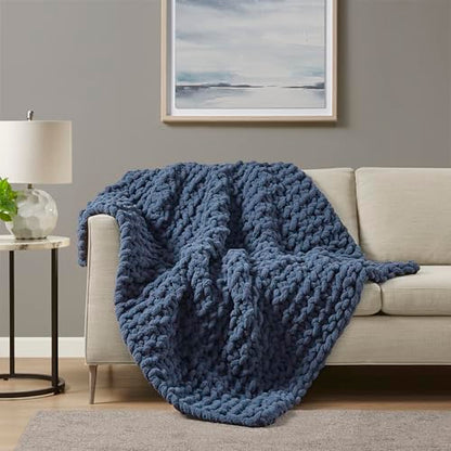 Madison Park Chenille Chunky Knit Throw Blanket, 50 x 60, Navy Blue - color: Navy Blue
