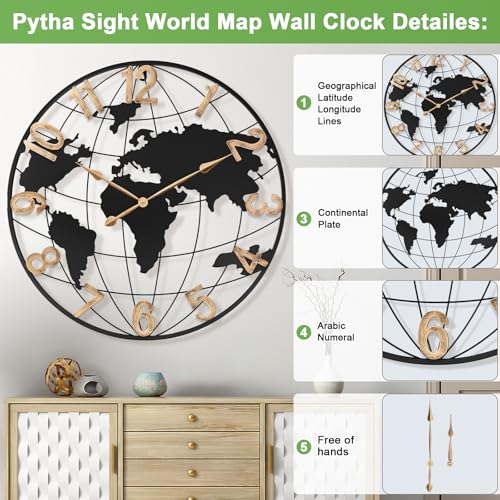 Pytha Sight 36 Inch Large Extra Metal Oversized Arabic World Map Wall Clock - color: Black Arabic, size: 36 inch