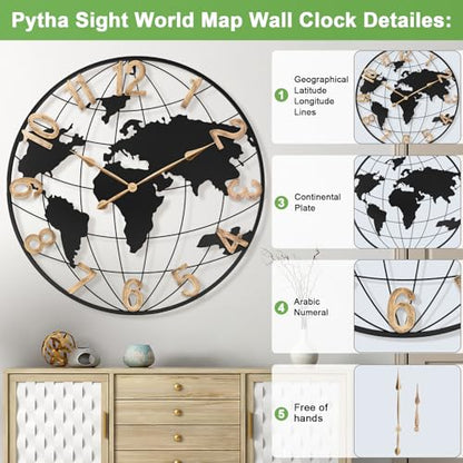Pytha Sight 36 Inch Large Extra Metal Oversized Arabic World Map Wall Clock - color: Black Arabic, size: 36 inch