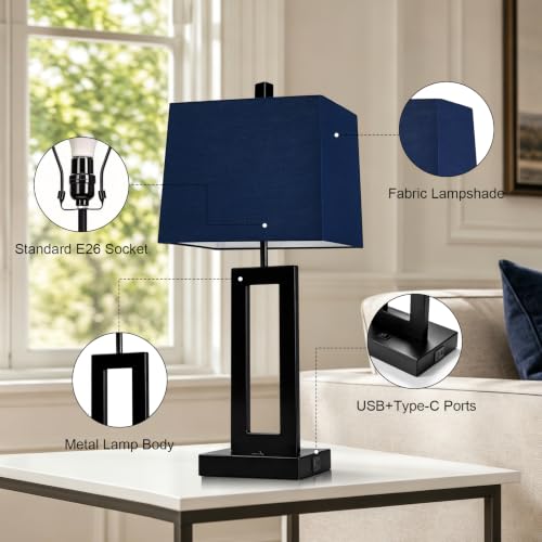 Cinkeda Blue Bedside Table Lamp Set of 2, Nightstand Lamps with USB Ports - color: E.Blue&Black