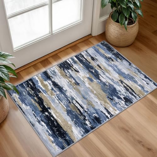 Abstract Washable Entryway Rug 2x3 Area Rug Non Slip Door Mat - color: Navy / Blue / Taupe, size: 2' x 3' (Rectangular)