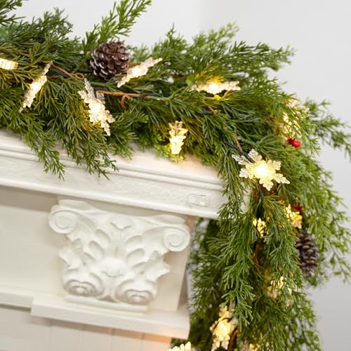 6FT Christmas Garland with Lights Battery Operated Lighted Christmas Garland with Pine Cones Red Beries,Twinkle Snowflake& Tree Mixed LED Lights Mantle Xmas Christmas Decoration Indoor Outdoor