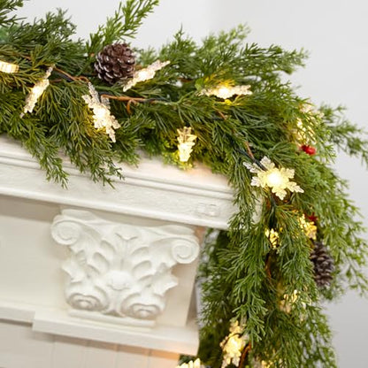 6FT Christmas Garland with Lights Battery Operated Lighted Christmas Garland with Pine Cones Red Beries,Twinkle Snowflake& Tree Mixed LED Lights Mantle Xmas Christmas Decoration Indoor Outdoor