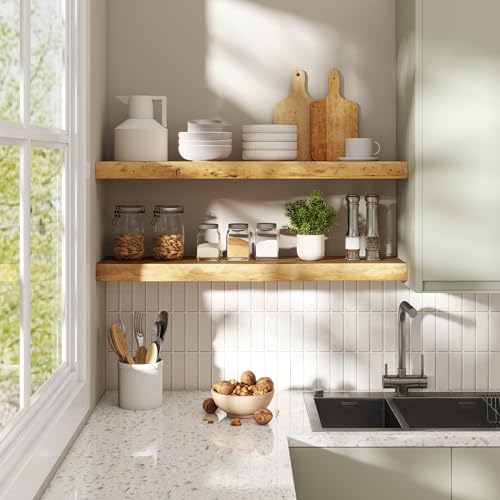 Fun Memories Solid Elm Wood Live Edge Floating Shelves for Wall, 30 x 8 Inch Rustic Wall Shelves Set of 2 with Invisible Brackets for Living Room Bedroom Kitchen, Natural - color: Natural Finish, size: 30", 2-Pack