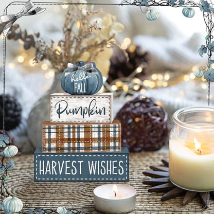 Britimes Fall Farmhouse Tiered Tray Decor Set, 4 Pack, Wooden - color: Blue Pumpkin