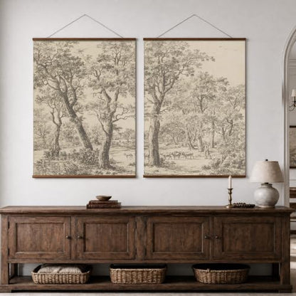 InSimSea Extra Large 2 Pcs Framed Wall Art, Woodland Sketch, 36x48 Inch - color: Woodland Sheep Pasture