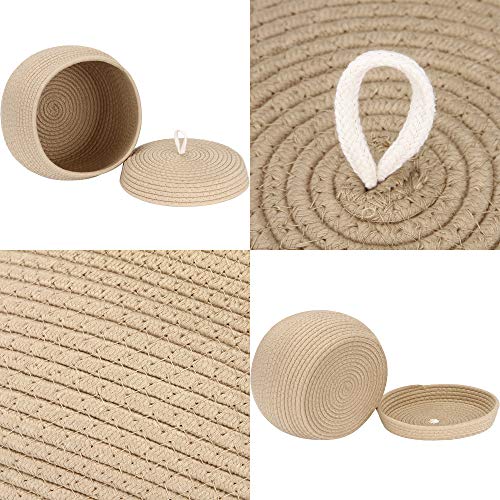 Sea Team Round Woven Cotton Rope Storage Basket with Lid, Khaki - color: Khaki, size: Small