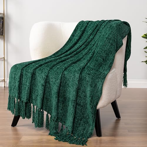 PAVILIA Chenille Throw Blanket, Knit Sofa Couch Tassel Throw, Green 50x60 - color: Emerald Green, size: 50 X 60 Inches - Throw