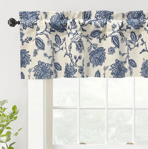 DriftAway Freda Jacobean Floral Linen Blend Blackout Thermal Insulated Energy Saving Privacy Window Linen Curtain Valance Rod Pocket 2 Layers Single 52 Inch by 14 Inch Plus 2 Inch Header Navy Beige - color: Navy, size: 52"W x 14"L (Pack of 1)