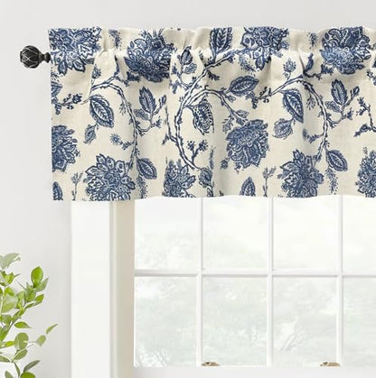 DriftAway Freda Jacobean Floral Linen Blend Blackout Thermal Insulated Energy Saving Privacy Window Linen Curtain Valance Rod Pocket 2 Layers Single 52 Inch by 14 Inch Plus 2 Inch Header Navy Beige - color: Navy, size: 52"W x 14"L (Pack of 1)