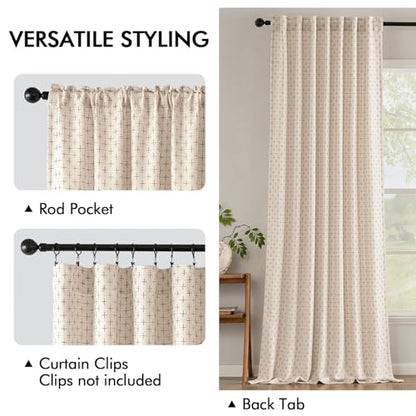 MIULEE Patterned Farmhouse Linen Curtains, Back Tab, 52Wx90L, Beige - color: Beige, size: 52"W x 90"L (Pack of 2)