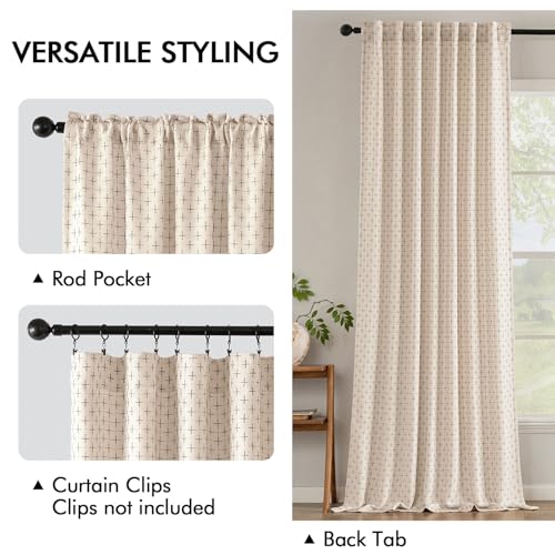 MIULEE Patterned Farmhouse Linen Curtains, Back Tab, 52Wx102L, Beige - color: Beige, size: 52"W x 102"L (Pack of 2)