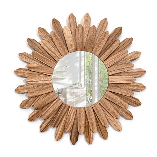 Emfogo Wall Mirror 21 inch Rustic Wood Sunburst Boho Mirror Wall Decor Home Decor for Bedroom Living Room Entryway Farmhouse (Carbonized Black) - color: Carbonized Black, size: 21"L x 21"W