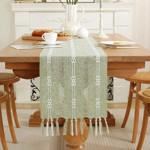 Rustic Boho Table Runner, Farmhouse Table Runners 90 Inches Long for Kitchen Dining Room, 13x90 Inches, Sage Green Lines - color: Hollow Sage Green Lines, size: 13"x90" / 33x228cm