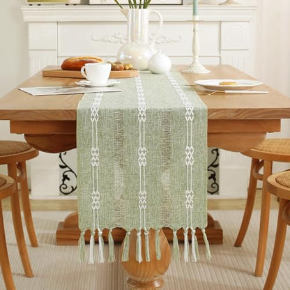 Rustic Boho Table Runner, Farmhouse Table Runners 90 Inches Long for Kitchen Dining Room, 13x90 Inches, Sage Green Lines - color: Hollow Sage Green Lines, size: 13"x90" / 33x228cm