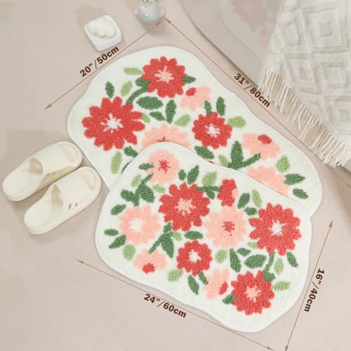 Absorbent Bath Rugs Mat - Extra Thick Bathroom Rug, Non-Slip Soft Plush Mat for Bathroom and Bedroom, Machine Washable, Pink Flowers, 16" x 24" (40 x 60 cm) - color: Pink Flowers, size: 1'4" x 2' (Rectangular)