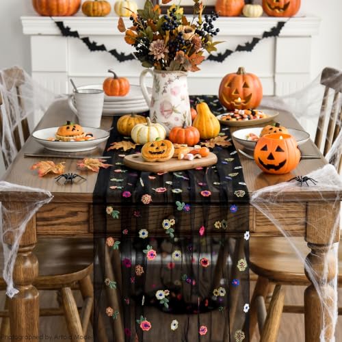 Artoid Mode Black Embroidery Daisy Gauze Table Runner 120 Inch 10FT - color: Black, size: 28" x 120"