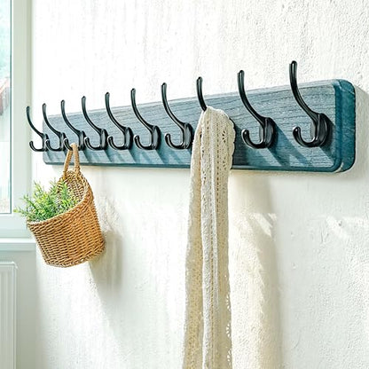 Dseap Coat Rack Wall: 38-1/4" Long, Patented, Heavy-Duty, 10-Double-Hooks Wooden Wall Mounted Coat Rack Coat Hanger Hook Rail for Winter Coats Hat Jacket Clothing, Weathered Blue, Pack of 2 - color: Weathered Blue & Black, size: L=38.3"(2pcs)
